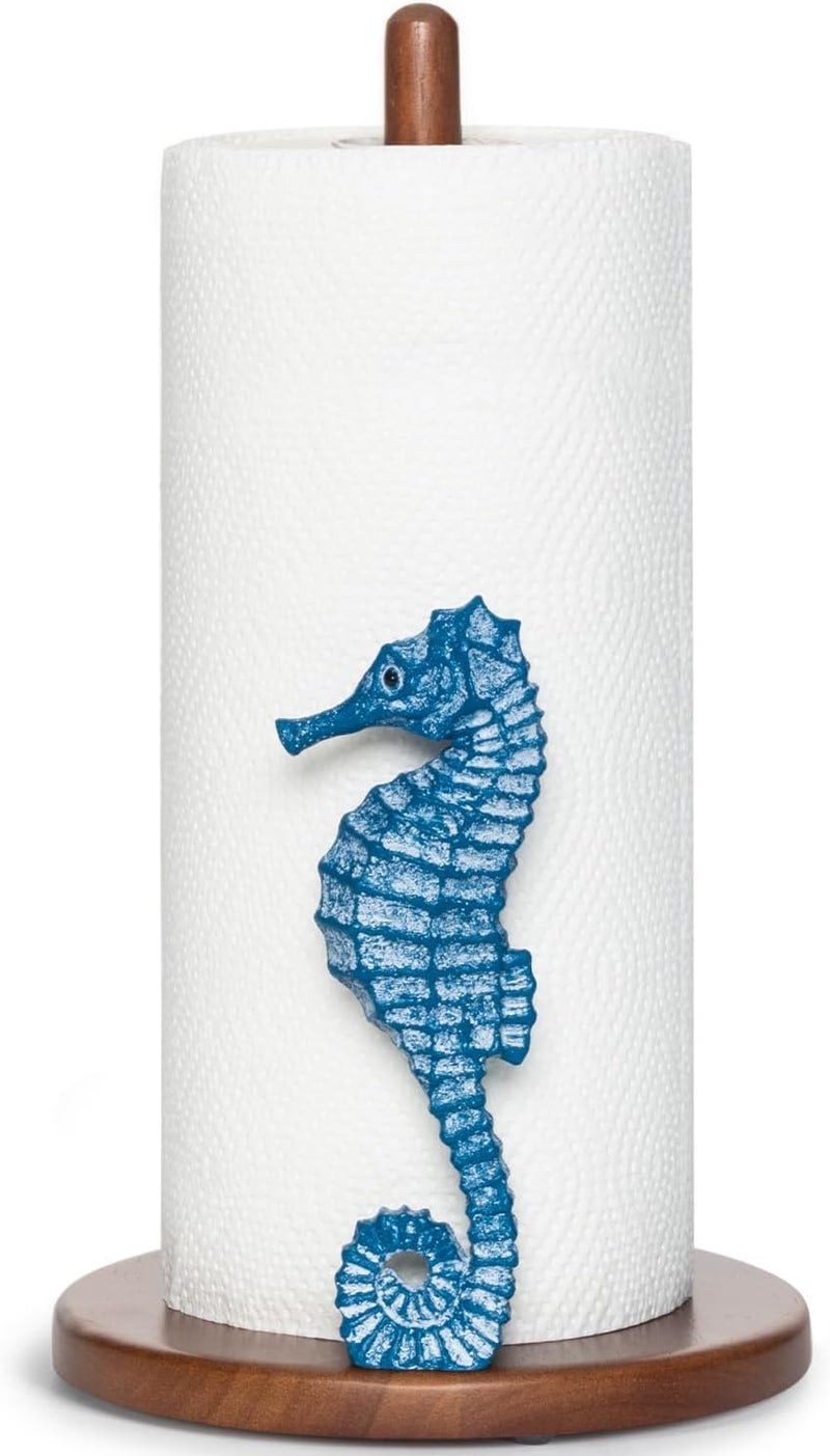 YLOVAN Seahorse Paper Towel Holder - Beach House Decor Unique Coastal Decor Seahorse Gifts for Women, Funny Cute Paper Towel Holder Stand Wood Kitchen Countertop Bathroom Decor Blue Coastal Kitchen - Image 1